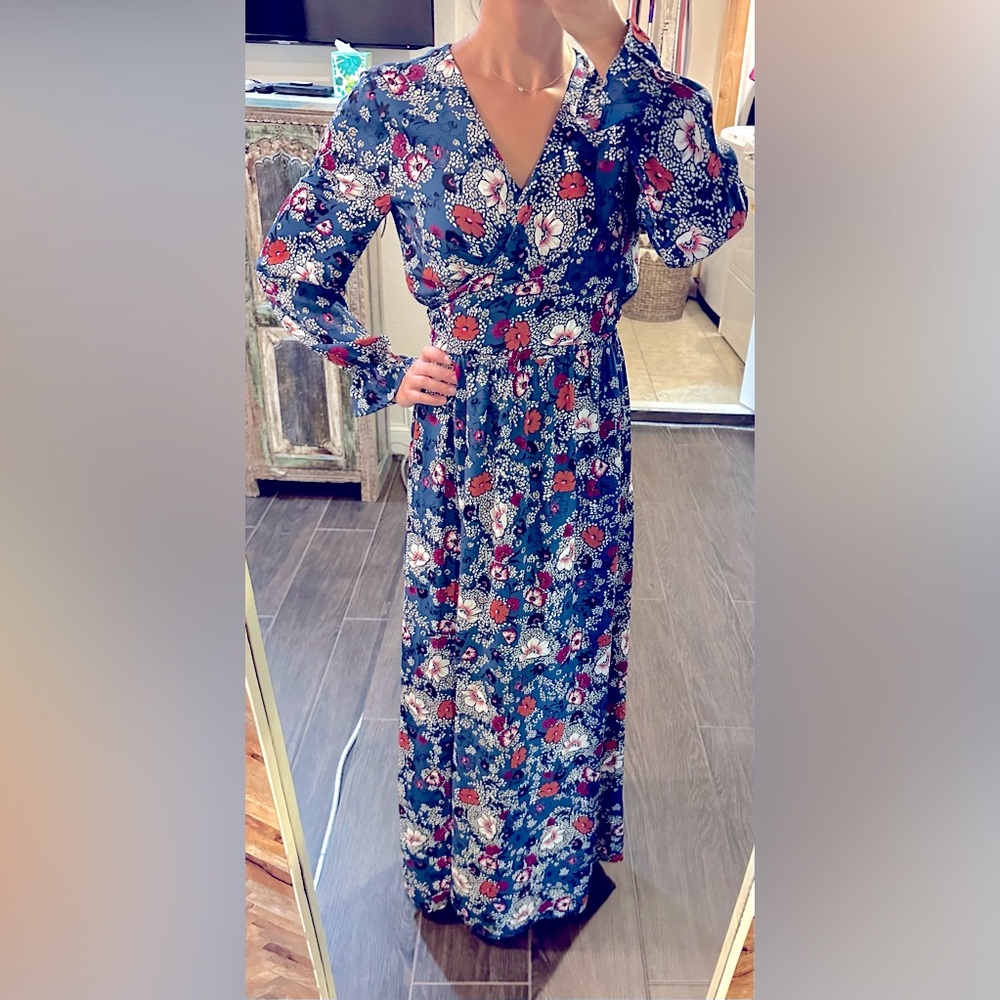 S Blue Long Sleeve Floral Midi Wrap Dress